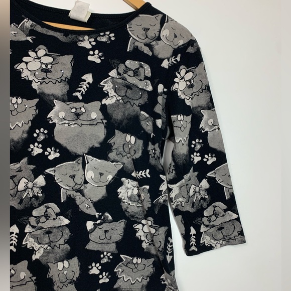 Jess & Jane Womens Cat Meadley Top Sz Small Rhinestones Black Cotton knit USA - Picture 8 of 15